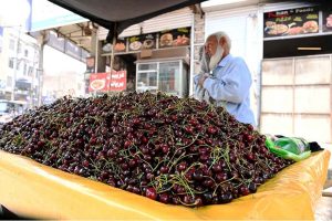 A vendor sells seasonal fruit cherries on his cart at Gole chowk