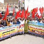 A view of a rally taken out by various labourers organizations on the occasion of International Labor Day at Jinnah Bagh Chowk. May 1st, International Workers' Day, commemorates the historic struggles of working people worldwide. In 1884, the Federation of Organized Trades and Labour Unions passed a resolution declaring that eight hours would constitute a legal day's work, effective from May 1, 1886