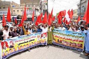 A view of a rally taken out by various labourers organizations on the occasion of International Labor Day at Jinnah Bagh Chowk. May 1st, International Workers' Day, commemorates the historic struggles of working people worldwide. In 1884, the Federation of Organized Trades and Labour Unions passed a resolution declaring that eight hours would constitute a legal day's work, effective from May 1, 1886