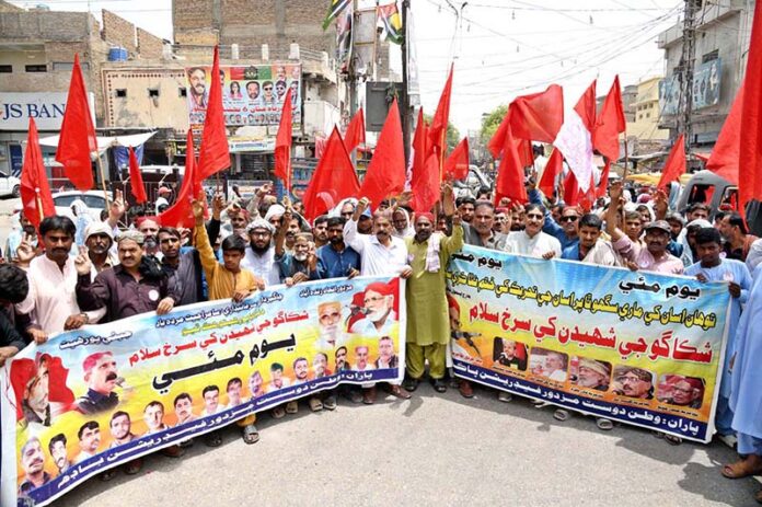 A view of a rally taken out by various labourers organizations on the occasion of International Labor Day at Jinnah Bagh Chowk. May 1st, International Workers' Day, commemorates the historic struggles of working people worldwide. In 1884, the Federation of Organized Trades and Labour Unions passed a resolution declaring that eight hours would constitute a legal day's work, effective from May 1, 1886