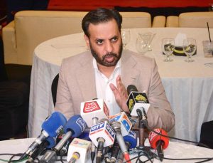 Federal Minister for Health Syed Mustafa Kamal talking to Media Persons at "UNICEF-WHO Industry consultation on local production of vaccines and pharmaceuticals session" in provincial capital