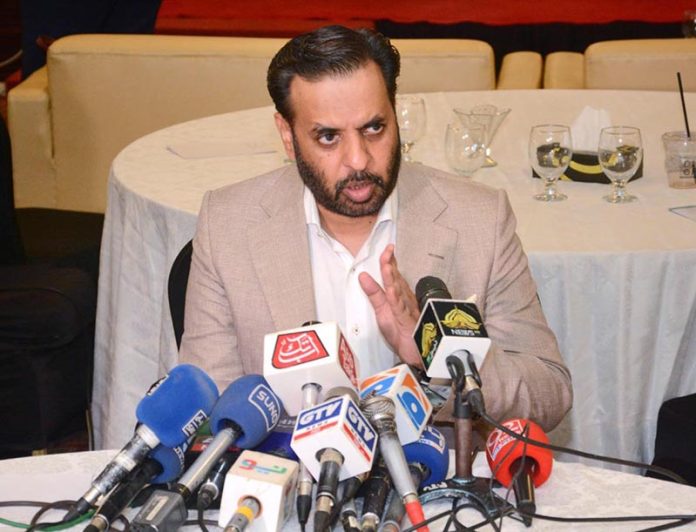 Federal Minister for Health Syed Mustafa Kamal talking to Media Persons at 