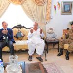 Prime Minister Muhammad Shehbaz Sharif along with Defence Minister Khawaja Muhammad Asif, Chief of the Army Staff General Syed Asim Munir and Minister for Information and Broadcasting Attaullah Tarar offering condolences to the family of Shaheed Squadron Leader Usman Yousaf at his residence