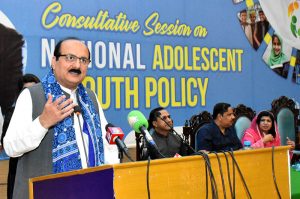 Chairman Prime Minister Youth Program Rana Mashood addressing during a consultative session on national youth policy at BZU