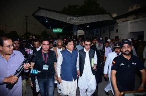 Federal Minister for Railways, Muhammad Hanif Abbasi talking to media after visits the railway station to review ongoing operations and facilities.