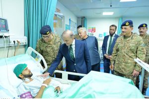 Prime Minister Muhammad Shehbaz Sharif along with Defence Minister Khawaja Muhammad Asif, Chief of the Army Staff General Syed Asim Munir and Minister for Information and Broadcasting Attaullah Tarar visited Combined Military Hospital Rawalpindi to meet the soldiers injured during M'arka-e-Haq