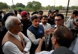 Federal Minister for Railways, Muhammad Hanif Abbasi talking to media after visits the railway station to review ongoing operations and facilities.