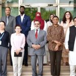 Group photo of the participants of a meeting between Managing Director Pakistan Bait-ul-Mal Senator Capt. Shaheen Khalid Butt and Deputy Representative World Health Organization in Pakistan Ms. Ellen Thom to discuss the potential collaborative efforts to achieve the shared goals in the social protection field