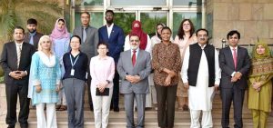 Group photo of the participants of a meeting between Managing Director Pakistan Bait-ul-Mal Senator Capt. Shaheen Khalid Butt and Deputy Representative World Health Organization in Pakistan Ms. Ellen Thom to discuss the potential collaborative efforts to achieve the shared goals in the social protection field