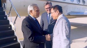 Deputy Prime Minister and Foreign Minister, Senator Mohammad Ishaq Dar, arrives in Beijing on a three day official visit. He receives by senior Chinese officials and Ambassador of Pakistan to China, Khalil Hashmiat the airport