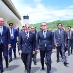 Prime Minister Muhammad Shehbaz Sharif is being received by the Foreign Minister of Azerbaijan H.E. Jeyhun Bayramov at Lachin Airport