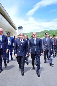 Prime Minister Muhammad Shehbaz Sharif is being received by the Foreign Minister of Azerbaijan H.E. Jeyhun Bayramov at Lachin Airport