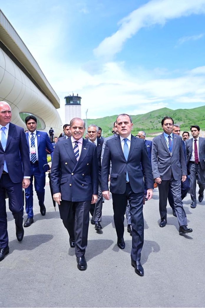 Prime Minister Muhammad Shehbaz Sharif is being received by the Foreign Minister of Azerbaijan H.E. Jeyhun Bayramov at Lachin Airport