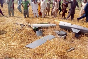 Rescue 1122 District In-charge Tahira leading cordn off arae with her team to clear site after Indian drown destroyed in Tehsil Lalian District 25 KM from the city.