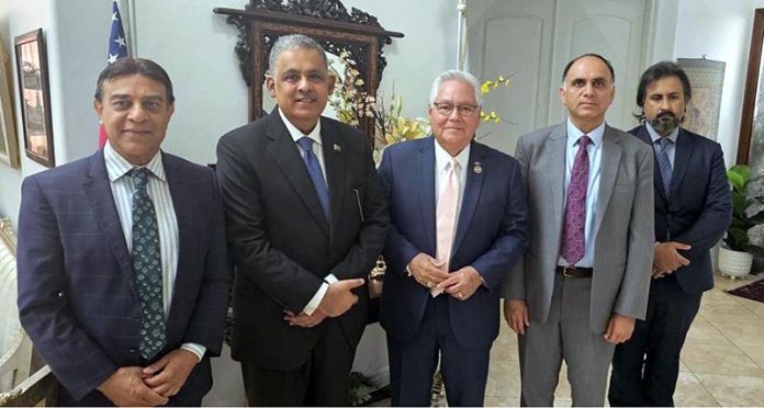 Ambassador Rizwan Saeed Sheikh receives California Senator Bob Archuleta at Pakistan House Los Angeles. The two sides expressed satisfaction at the current state of relations and discussed ways to further enhance bilateral cooperation