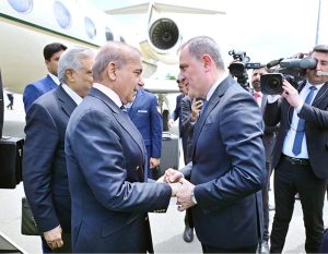 Prime Minister Muhammad Shehbaz Sharif is being received by the Foreign Minister of Azerbaijan H.E. Jeyhun Bayramov at Lachin Airport