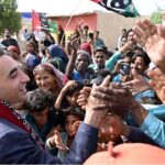 Chairman Pakistan People’s Party Bilawal Bhutto Zardari meeting with people during his visiting the newly constructed houses being built under Sindh Peoples Housing for flood victims in Village Ghulam Mustafa Leghari