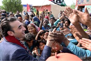 Chairman Pakistan People’s Party Bilawal Bhutto Zardari meeting with people during his visiting the newly constructed houses being built under Sindh Peoples Housing for flood victims in Village Ghulam Mustafa Leghari