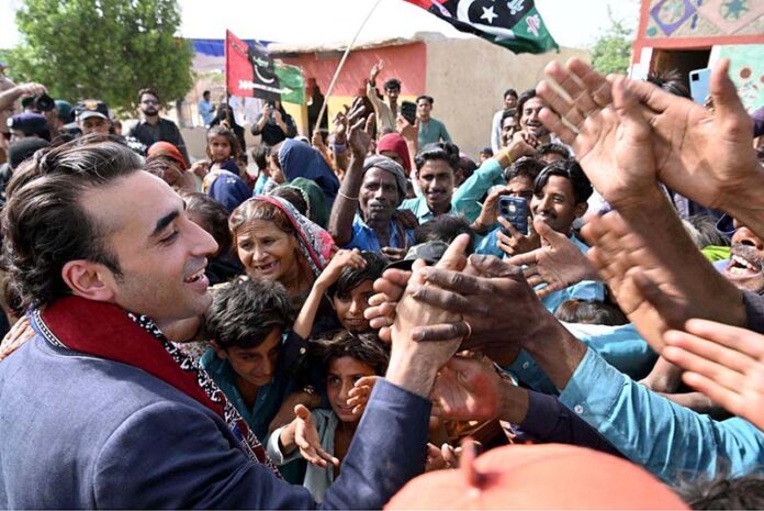 Chairman Pakistan People’s Party Bilawal Bhutto Zardari meeting with people during his visiting the newly constructed houses being built under Sindh Peoples Housing for flood victims in Village Ghulam Mustafa Leghari