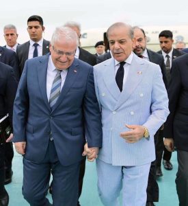 Prime Minister Muhammad Shehbaz Sharif received by Turkiye's Minister for National Defence Yaşar Guler upon arrival at Istanbul airport on official visit to Turkiye.