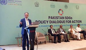 Federal Minister for Climate Change and Environmental Coordination, Dr. Musadik Malik, addressing the "Pakistan SDG's Policy Dialogue for Action: Accelerating Reform, Investments and Economic Transformation towards Agenda 2030" held in federal capital