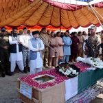 A large number of mourners attend the funeral prayer of martyred Pak Army Hawaldar Muhammad Naveed at Hajji Camp Ground, Sargodha Road. He embraced martyrdom while defending the country in Lahore Walton