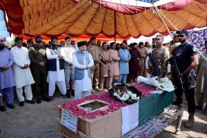 A large number of mourners attend the funeral prayer of martyred Pak Army Hawaldar Muhammad Naveed at Hajji Camp Ground, Sargodha Road. He embraced martyrdom while defending the country in Lahore Walton