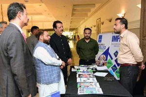 Federal Minister for National Heritage, Culture Division and Chairman QMMB, Mr. Aurangzeb Khan Khichi visiting the stall during a seminar on Women in Agriculture Leadership, Innovation and Impact and Entrepreneurship at local hotel