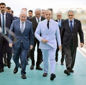 Prime Minister Muhammad Shehbaz Sharif received by Turkiye's Minister for National Defence Yaşar Guler upon arrival at Istanbul airport on official visit to Turkiye.