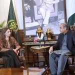 Federal Minister for Interior Mohsin Naqvi in a meeting with US Acting Ambassador Natalie Baker