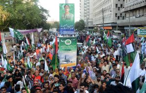 Participants of the Pakistan People’s Party Minority Wing Karachi Division in rally celebrate the success of Operation Bunyan al Marsoos against Indian aggression outside the Karachi Press Club.