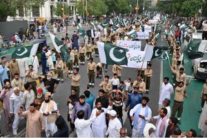 Members of Al-Mustafa Scouts and Civil Society holding rally at Mall Road to celebrate Thanksgiving Day, expressing solidarity with the Pakistan Armed Forces following the successful military operation 'Bunyan Marsous' against India.