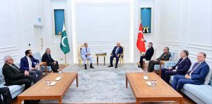 Prime Minister Muhammad Shehbaz Sharif received by Turkiye's Minister for National Defence Yaşar Guler upon arrival at Istanbul airport on official visit to Turkiye.