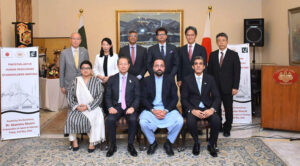 H.E. Mr. AKAMATSU Shuichi, Ambassador of Japan to Pakistan, Mr. Chaudhry Salik Hussain, Federal Minister for Overseas Pakistanis & Human Resource Development, Ms. Shaza Fatima, Federal Minister for Information & Communications, Mr. Mohammad Awn Sqlain, State Minister OPHRD, Mr. ITONAGA, Director JETRO, Ms. SAKURAI, CEO PlusW, Mr. MIYATA, Chief Representative JICA Pakistan, Mr. MATSUDA Kuninori, former Ambassador of Japan to Pakistan, Mr. Abdul Hameed, Ambassador-designate of Pakistan to Japan, Mr. Naseer Khan Kashani, MD Overseas Employment Corporation in a group photo at the “Pakistan-Japan Human Resources Stakeholders Meeting” held today at the official residence of the Ambassador of Japan to Pakistan