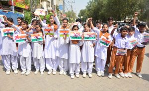 Students of Royal Public School System hold a protest against Indian airstrikes at Latifabad