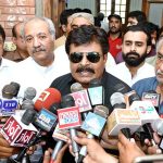 Sindh Minister for Education & Literacy Syed Sardar Ali Shah talking to media persons after meeting with elected members of the National and Provincial Assembly, Elected local government representatives and Education department officers of Larkana Division regarding education works schemes across the province in the upcoming fiscal year budget at DC office