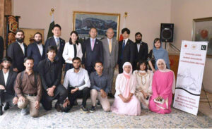H.E. Mr. AKAMATSU Shuichi, Ambassador of Japan to Pakistan, Mr. Chaudhry Salik Hussain, Federal Minister for Overseas Pakistanis & Human Resource Development, Ms. Shaza Fatima, Federal Minister for Information & Communications, Mr. Mohammad Awn Sqlain, State Minister OPHRD, Mr. ITONAGA, Director JETRO, Ms. SAKURAI, CEO PlusW, Mr. MIYATA, Chief Representative JICA Pakistan, Mr. MATSUDA Kuninori, former Ambassador of Japan to Pakistan, Mr. Abdul Hameed, Ambassador-designate of Pakistan to Japan, Mr. Naseer Khan Kashani, MD Overseas Employment Corporation in a group photo at the “Pakistan-Japan Human Resources Stakeholders Meeting” held today at the official residence of the Ambassador of Japan to Pakistan