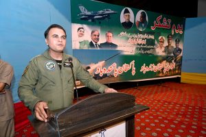 Group Captain Mohammad Shafqat Belal addressing in a ceremony late night at Sargodha Arts Council on the occasion of Youm-e-Tashakur (Thanksgiving Day) to express solidarity with the Pakistan Armed Forces following the successful military operation ‘Bunyan-um- Marsous’ against Indian aggressions.
