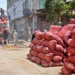Daily wage laborers unloading heavy sacks of potatoes from a delivery truck at vegetable market. Braving intense heat and physical strain, these workers form the backbone of the city’s agricultural supply chain