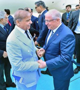 Prime Minister Muhammad Shehbaz Sharif received by Turkiye's Minister for National Defence Yaşar Guler upon arrival at Istanbul airport on official visit to Turkiye.