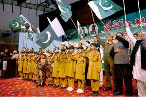 Group Captain Mohammad Shafqat Belal addressing in a ceremony late night at Sargodha Arts Council on the occasion of Youm-e-Tashakur (Thanksgiving Day) to express solidarity with the Pakistan Armed Forces following the successful military operation ‘Bunyan-um- Marsous’ against Indian aggressions.