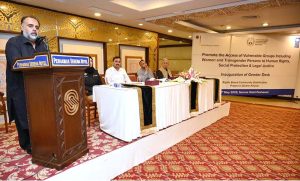 Minister for Social Welfare Syed Qasim Ali Shah addressing during inauguration ceremony of Gender Desk to empower women