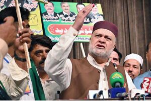 Federal Minister for Poverty Alleviation and Social Safety Syed Imran Ahmad Shah addressing the Labour Convention organized by the PML-N Labour Wing on the occasion of International Labour Day at Al-Hamra