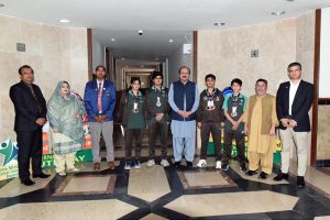 Chairman Prime Minister's youth programme Rana Mashhood Ahmed Khan with the winners of South Asia Table Tennis tournament