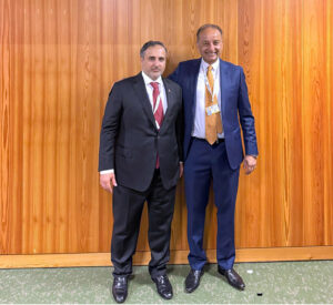 Federal Minister for Climate Change Dr. Musadik Malik meeting with Dr. Abdullah bin Abdulaziz, Qatari Minister of Environment and Climate Change, in Geneva on May 2 to advance cooperation in clean energy, carbon markets, and environmental protection