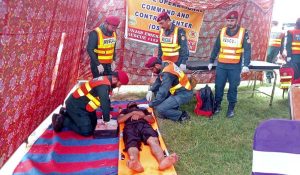 Rescue 1122 personnel conduct a mock drill as part of preparations for the upcoming monsoon and potential flood situations on the Shashmai Canal