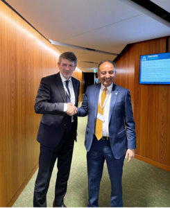 Federal Minister for Climate Change Dr. Musadik Malik meeting with Dr. Abdullah bin Abdulaziz, Qatari Minister of Environment and Climate Change, in Geneva on May 2 to advance cooperation in clean energy, carbon markets, and environmental protection