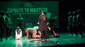 Young artists performing in a stage play to pay tributes to Martyrs and celebration of Pakistan Armed Forces success against Indian aggression during three days Arts Alumni Festival 2025 at Arts Council of Pakistan