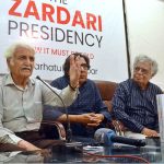 Farhatullah Babar, former spokesperson to President Asif Ali Zardari, addresses a ceremony during the unveiling of his book "The Zardari Presidency (2008–2013) – Now It Must Be Told" at the Karachi Press Club