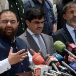 Federal Minister for National Heritage and Culture Division Aurangzeb Khan Khichi addresses media at the mausoleum of Quaid-e-Azam Muhammad Ali Jinnah. Minister of State Huzaifa Rehman is also present